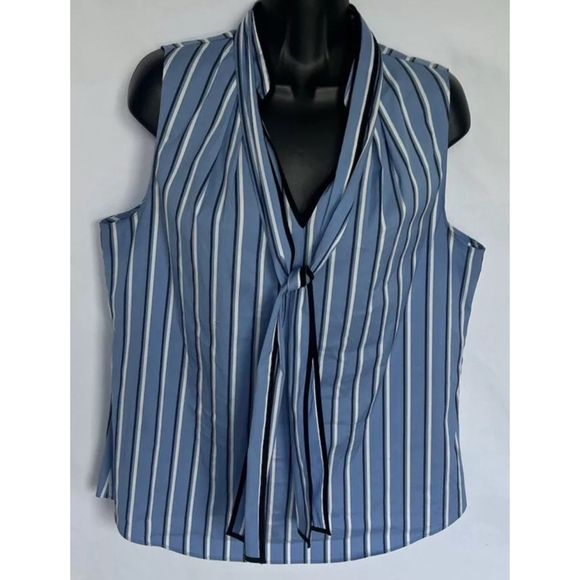 White House Black Market Size 4 Blue Striped Sleeveless Tie Neck Blouse - Picture 3 of 9